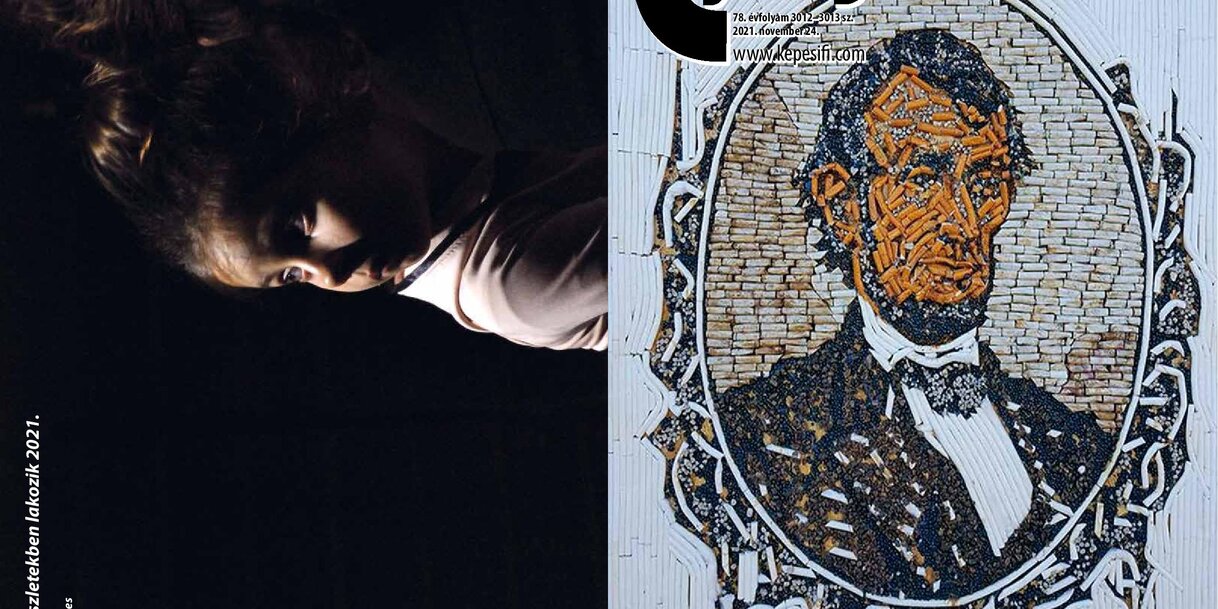 Címoldal: Sinkovics Ede: Lincoln, a fenntartható republikánus – 96.5x74cm. cigaretta csikk, dohány, etil-acetát pellett 2018. Terracycle gyűjtemény (NJ, USA).
Hátsó oldal: Topolya a részlet