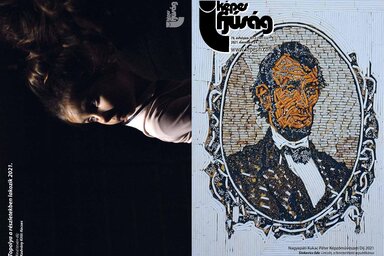 Címoldal: Sinkovics Ede: Lincoln, a fenntartható republikánus – 96.5x74cm. cigaretta csikk, dohány, etil-acetát pellett 2018. Terracycle gyűjtemény (NJ, USA).
Hátsó oldal: Topolya a részlet