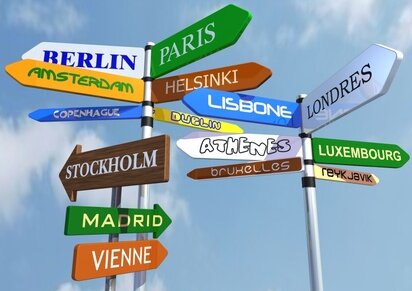 Amount of direction signs with europeans countries names. Amount of direction signs with europeans countries names.